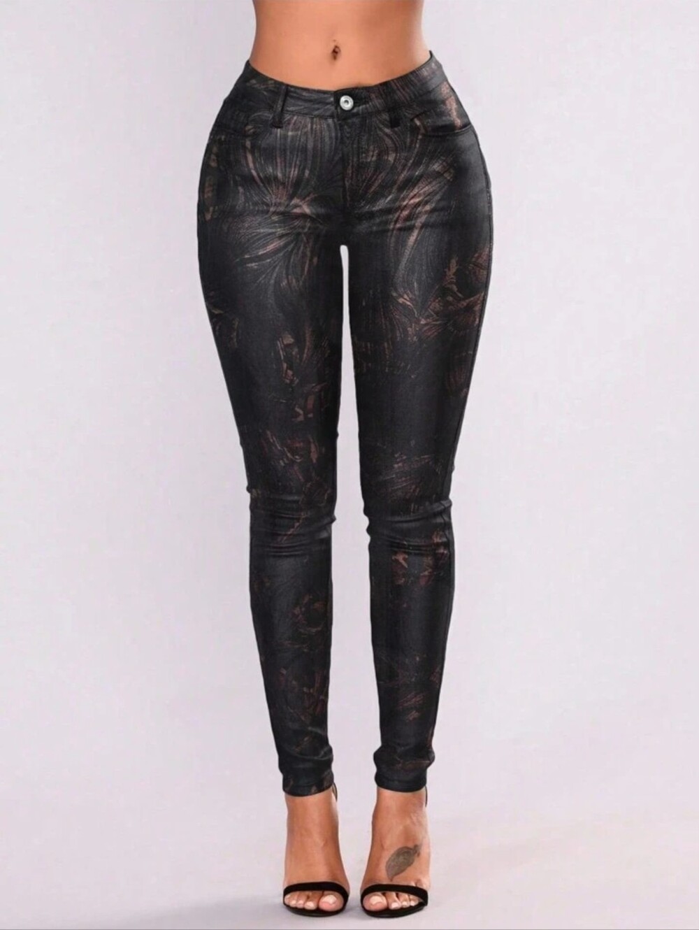 Super Stretchy Mid-Rise Copper Coated Pattern Design Skinny Pants 6-8